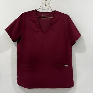 Figs Size Large Burgundy Casma 3 Pocket Scrub Top Short Sleeve Po#1618